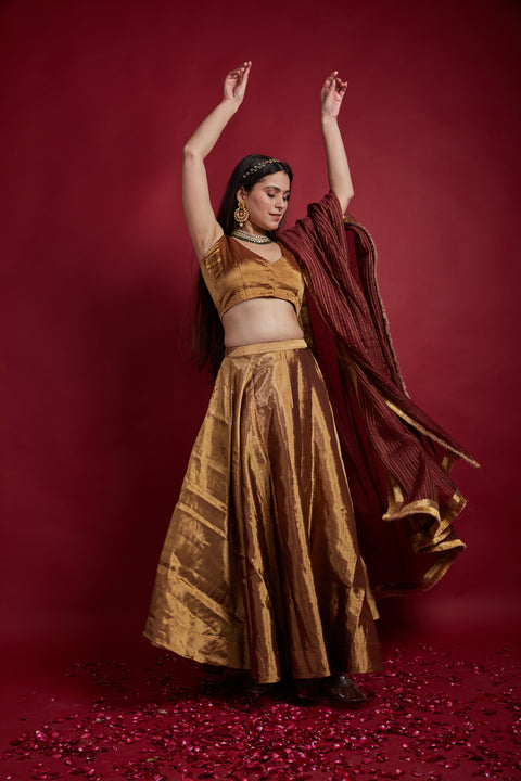 Gold Zari Lehanga Set with Maroon Stripes Dupatta in Handloom (Set of 3)