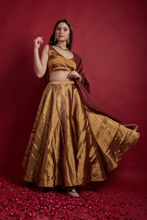 Order Gold Zari Lehenga With V Neck Blouse In Handloom (Set Of 2) - By Vinusto