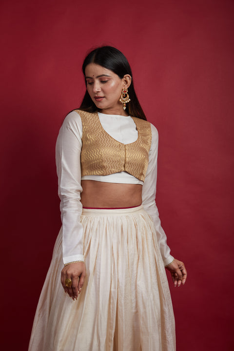 Designer Ivory & Gold Chanderi Handloom Lehanga & Koti Set, Olive & Pink Dupatta (Set Of 4) - By Vinusto
