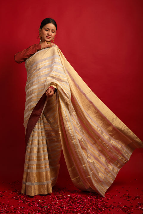 Shop Handcrafted Gold Stripe Ivory Zari Saree – Handloom Elegance

