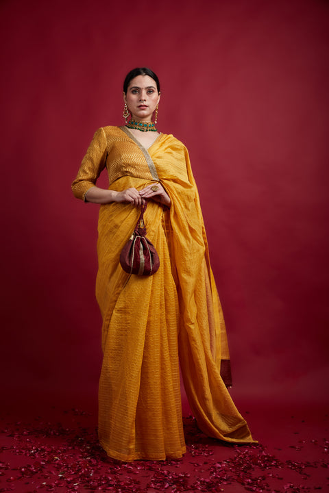 Shop Turmeric Yellow Gold Stripes Saree with Embroidered Wrap Blouse in Chanderi Handloom (Set of 2) | Vinusto