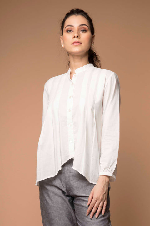Premium Pleated Shirt with High-Low Hem in White Cotton | Vinusto