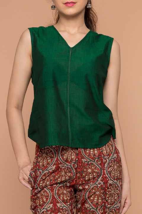 Premium Dark Forest Green Sambalpur Cotton Top with Hand Block Printed Maroon Pants (Set of 2) | Vinusto